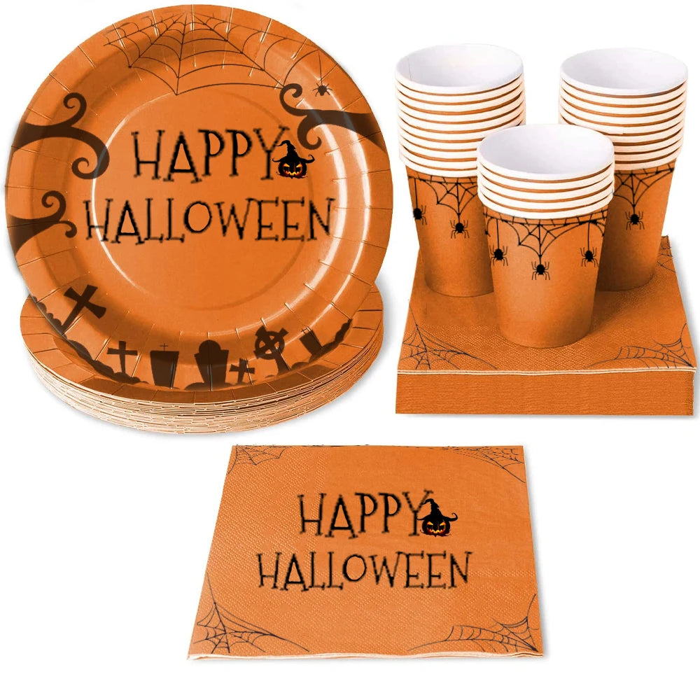 Conjunto de talheres descartáveis ​​para Halloween e Dia dos Mortos, suprimentos para festa de Halloween, inclui 24 pratos de papel, 24 guardanapos e 24 xícaras. Conjunto de talheres de Halloween 