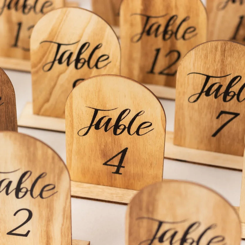 1 Wedding party, wooden table number Natural rustic wooden arched table number Custom table number with removable base
