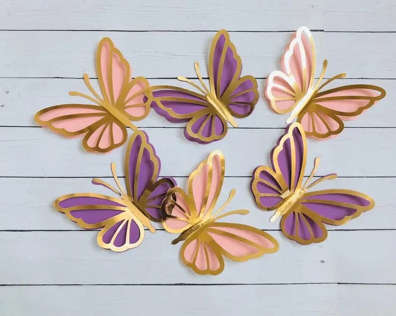 Birthday Party 2 Novelty Butterfly Cupcakes Decoration Pink and Gold Paper Butterfly Stickers Bedroom Hollow Pearl Butterfly Mural Decals