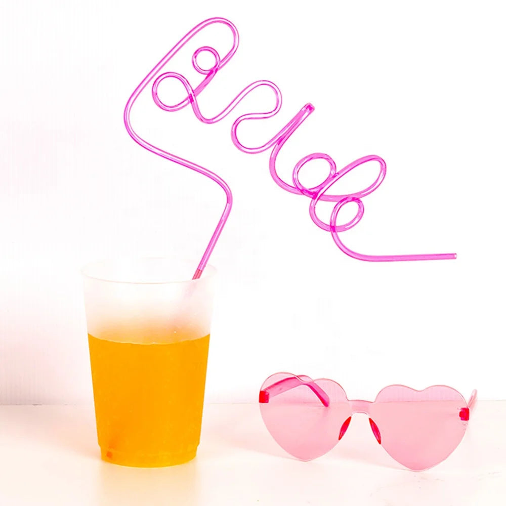 Bachelorette Party 1 Heart Shaped Sunglasses Bridal Straw and Heart Shaped Frameless Sunglasses Pink Transparent Frameless Glasses