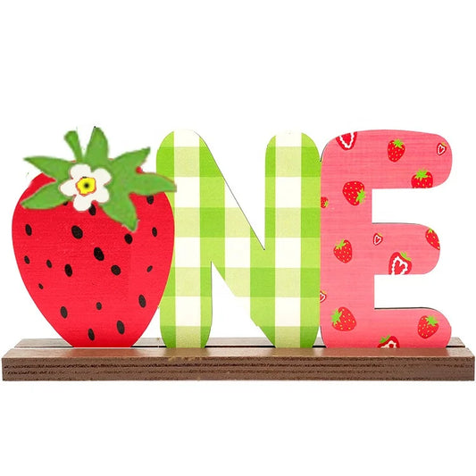Wooden Crafts, New Creative Wooden Happy Birthday Wooden Sticks Strawberry One Year Old Desktop Decoration Birthday Party Supplies