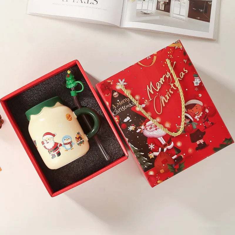 Coffee Cup 2025 New Christmas Coffee Cup and Straw Gift Box Set Wedding Christmas Gift Cute Ceramic Santa Coffee Cup