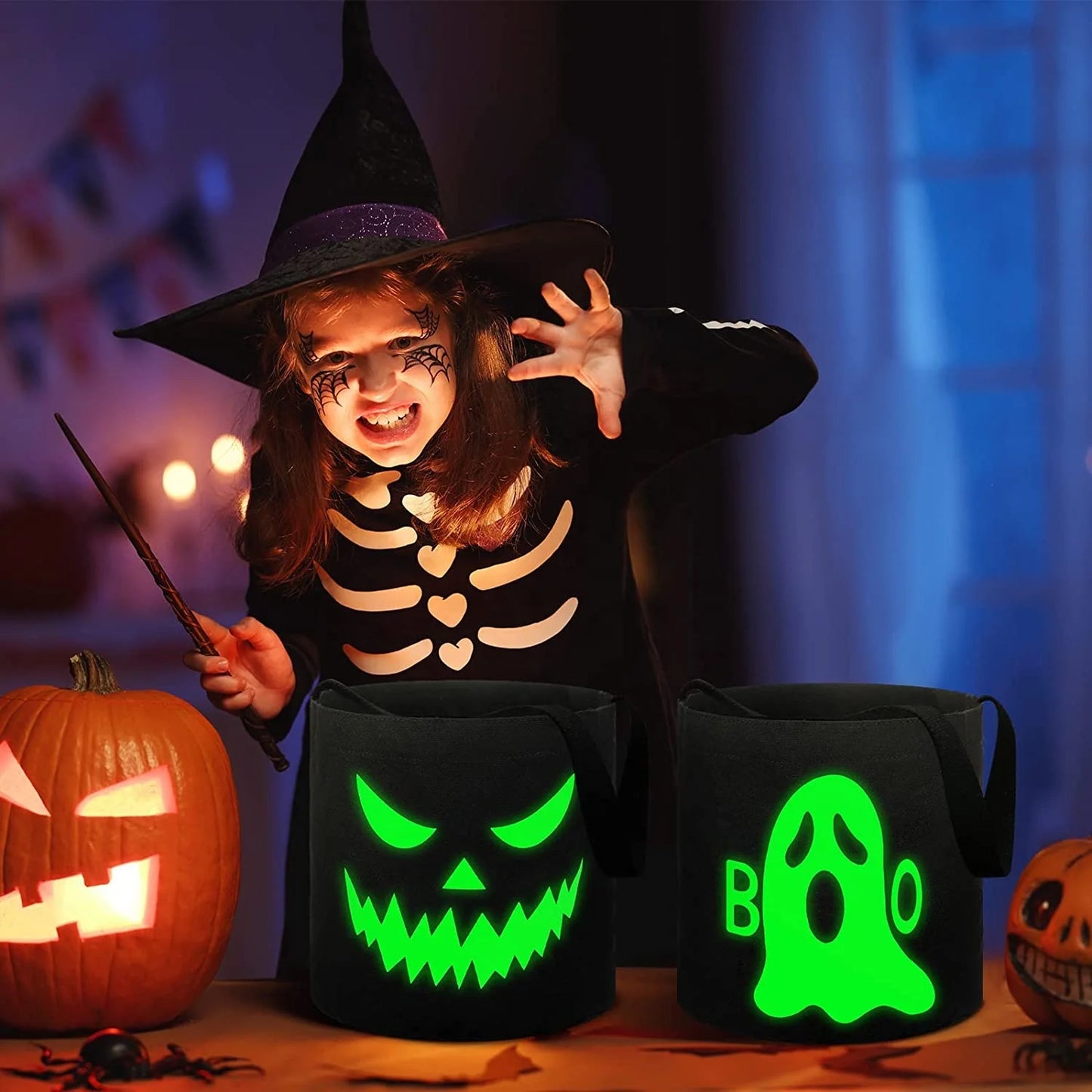 Halloween & Death Day Foldable Kids Fluorescent Party Basket Trick Gift Luminous Black Candy Tote Bag