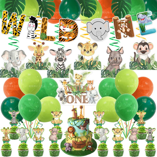 Festa de aniversário 2 Conjunto com tema de animais da selva Bebê Feliz Aniversário Lagerger Bolo de papel Chapéu alto Letras Banner Balão Festa Decoração de aniversário Conjunto 