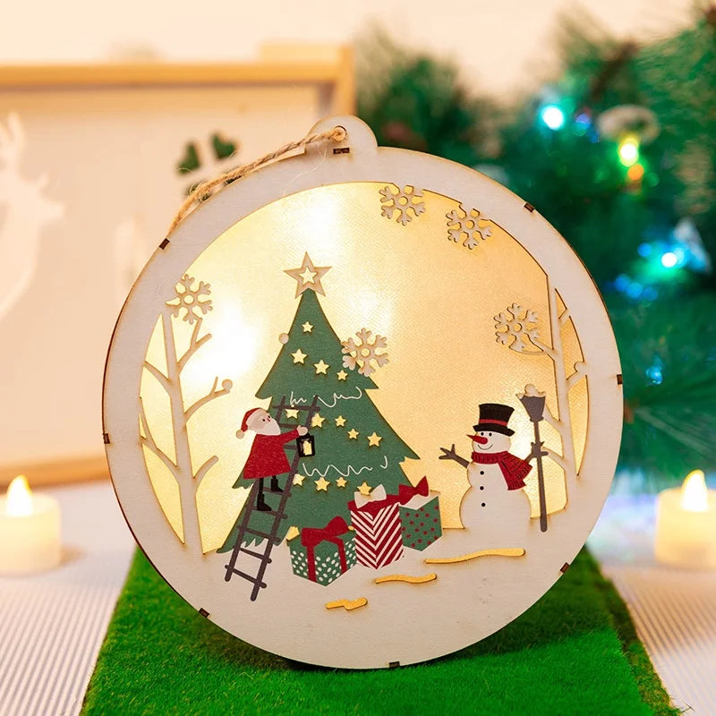 Christmas Decoration Round Lighting Old Man Snowman Elk Light Emitting Diode Wooden Christmas Tree Pendant