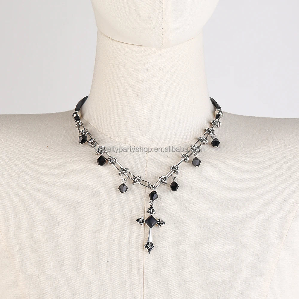 Halloween & Day of the Dead Gothic Cross Necklace Silver Pendant with Black or Red Glass Stone