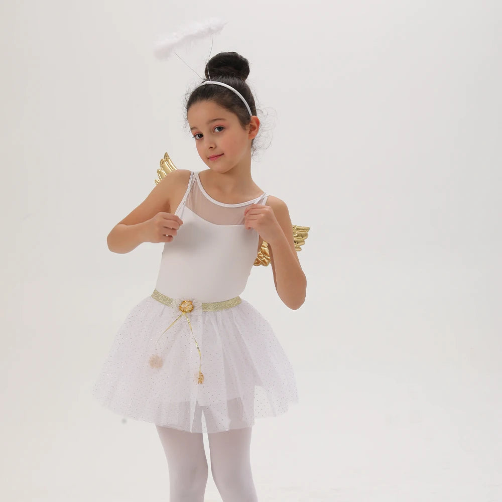 Birthday Party 2 White Angel Suit Children's Birthday Party Costume Gold Silver Wings Headband Feather Skirt Dress Up