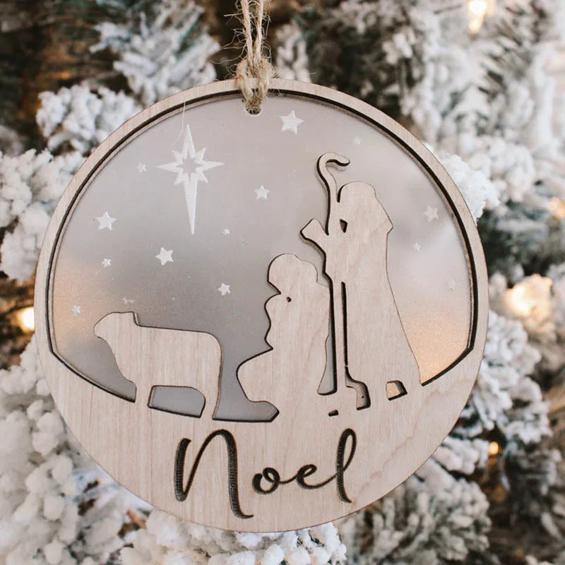 Wooden silent night Christmas tree decoration handmade 2 layer wise man Christmas scene Christmas pendant