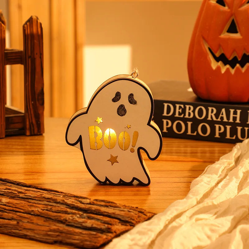 Halloween & Day of the Dead Decorative Pumpkin Lantern Wooden Skeleton Spider Ghost Lantern Halloween Scene Pendant Night Light