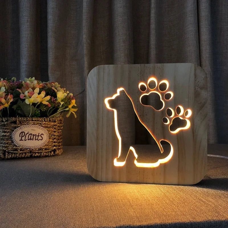 Wooden Crafts, Wooden Bulldog Lamp Lighting Dog Paw Warm White Lava Sleep 3D Light Emitting Diode Night Lamp Desk Lamp Children's Gifts Home Bedside Decorative Lamp