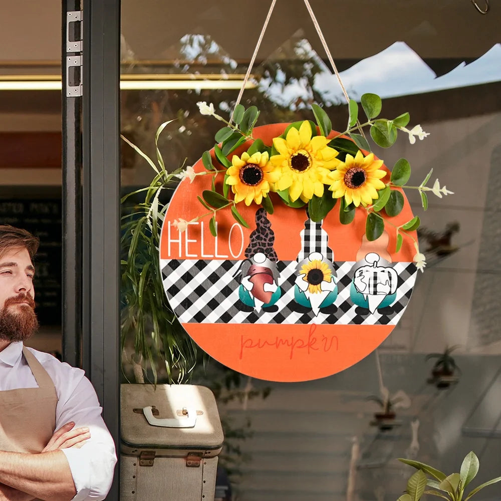 Harvest Festival decorations Wooden house number Sunflower black and white plaid print Thanksgiving Dwarf doll Wooden house number