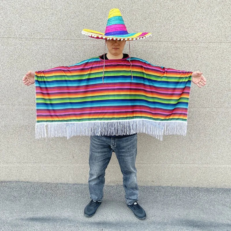 Mexican Party Dress Adult Wear Rainbow Striped Poncho Hat Cosplay Halloween Costume with Serape Cape Mexican Ornaments