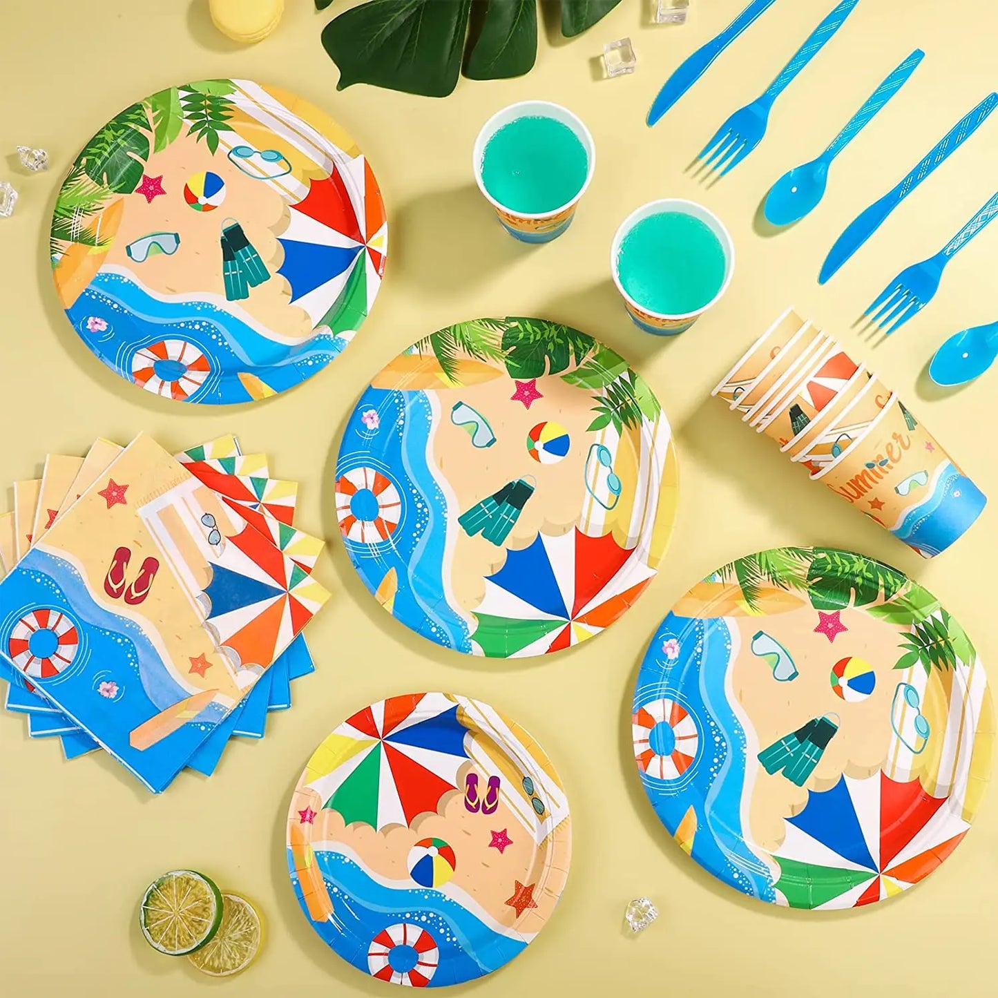 7 inch paper plate napkin cup fork knife spoon beach party supplies summer pool party tableware set