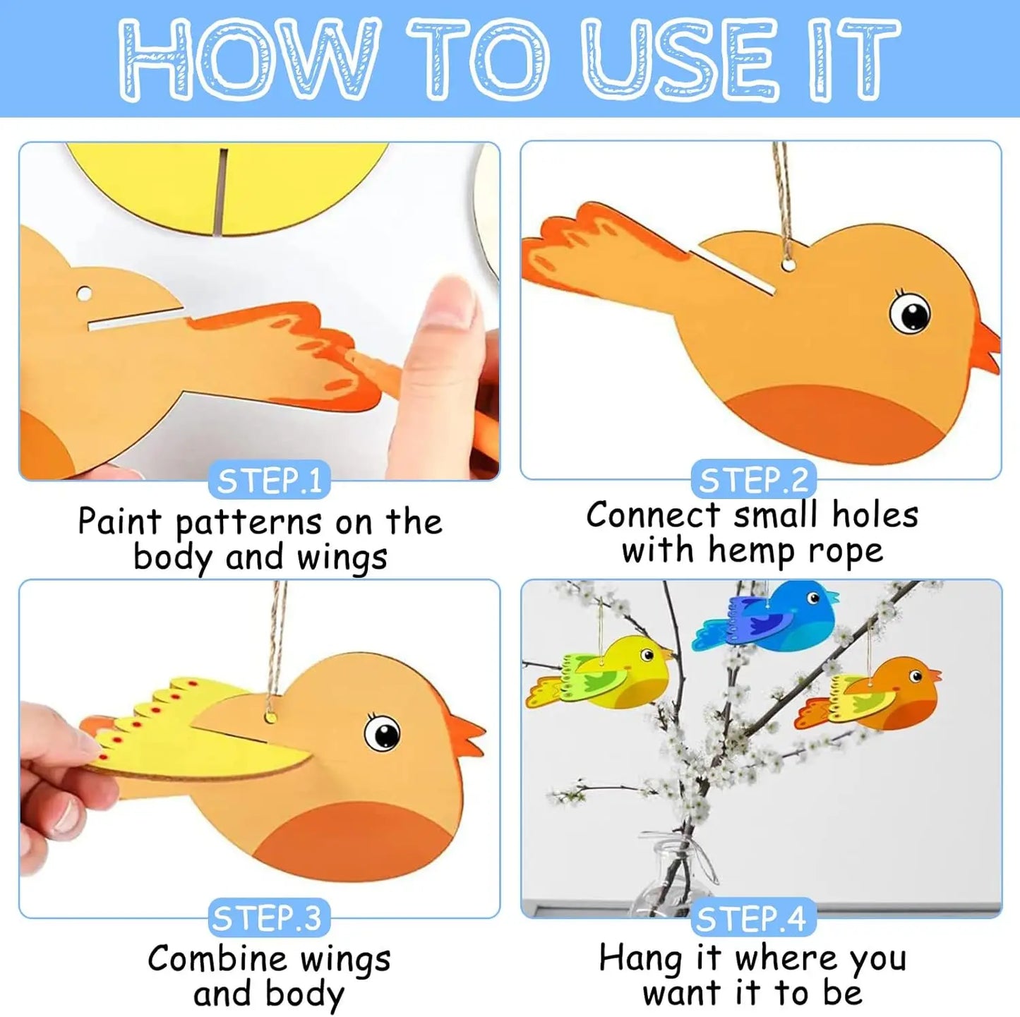 Unfinished 6-piece 3D wooden bird craft set bird wind chime craft set spring garden balcony