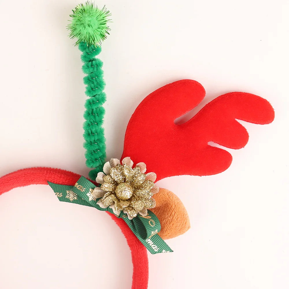 Popular promotion 2025 new beautiful fabric Christmas elf ears elk antlers bells handmade flower red hat headband