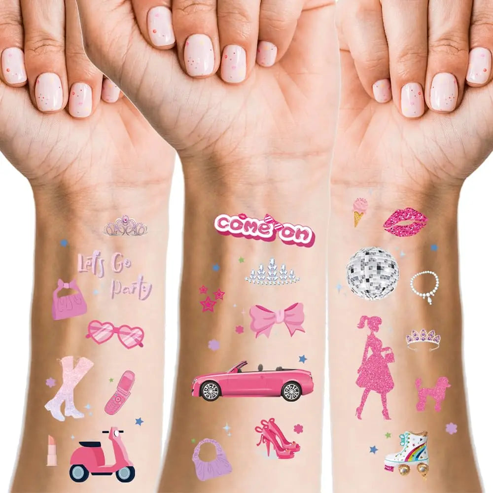 Birthday Party Pink Girl Temporary Tattoo-75, Pink Princess Baby Shower Birthday Party Decorative Paper Sticker Tattoo