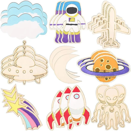 Birthday Party 2 pcs Unfinished Wooden Cut Wooden Paint Crafts Outer Space Party Gift Supplies Space Birthday Party Gift Bag Accessories