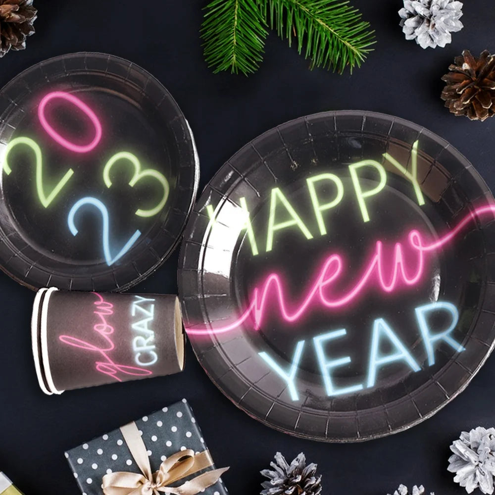 New Year's Eve, happy party supplies, neon birthday party tableware set, the delivery will automatically adjust the latest number of years.