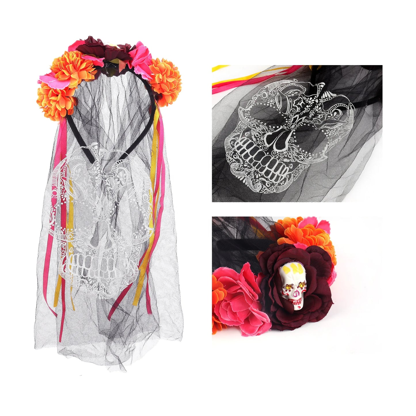 Halloween & Death Day Sugar Skull Neon Face Tattoo Women's Day Dead Flower Headband Halloween Costume Set