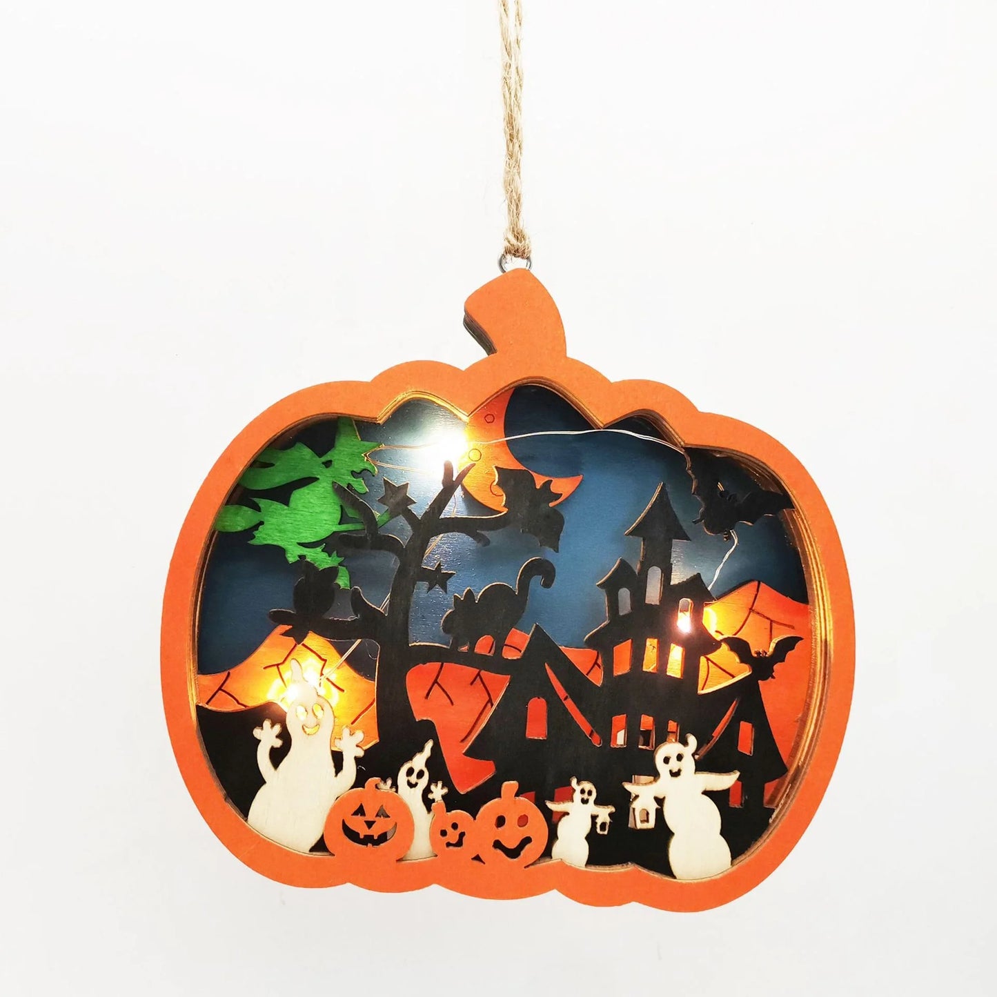 Wooden crafts, halloween jack-o-lantern wooden pendant wooden pumpkin ornament wood carving pattern decoration with lamp
