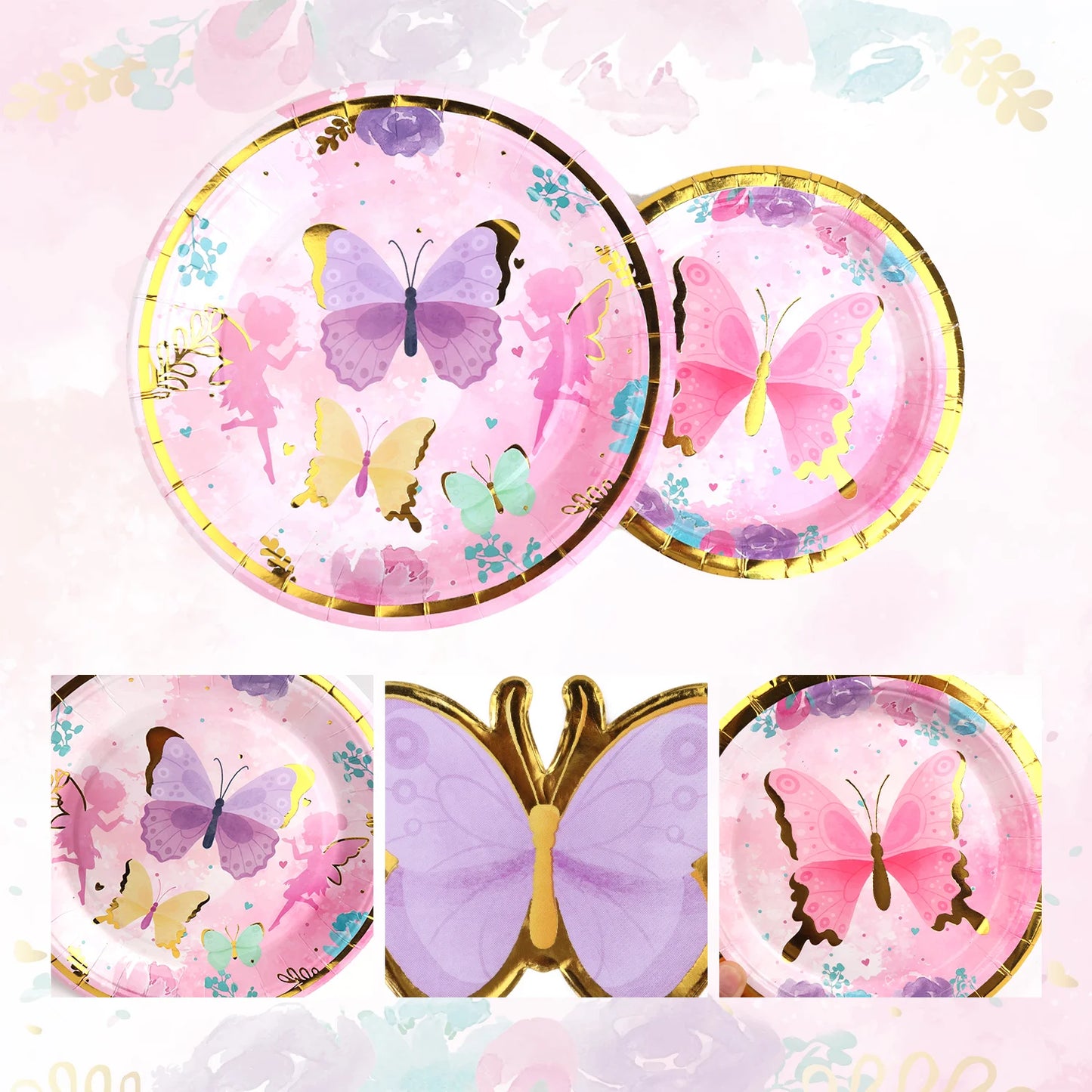 Festa de aniversário 2 convidados, prato de festa de aniversário, canecas, suprimentos descartáveis ​​para festa, prato de borboleta, fada, conjunto de talheres para crianças e despedida de solteira 