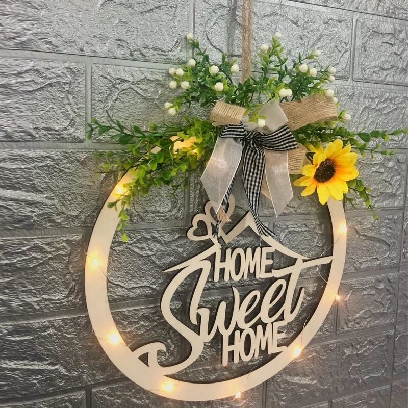 New Christmas Hollow Wreath with Light Wooden Signs Home Decoration Welcome House Number Christmas Wooden Round Door Decoration 