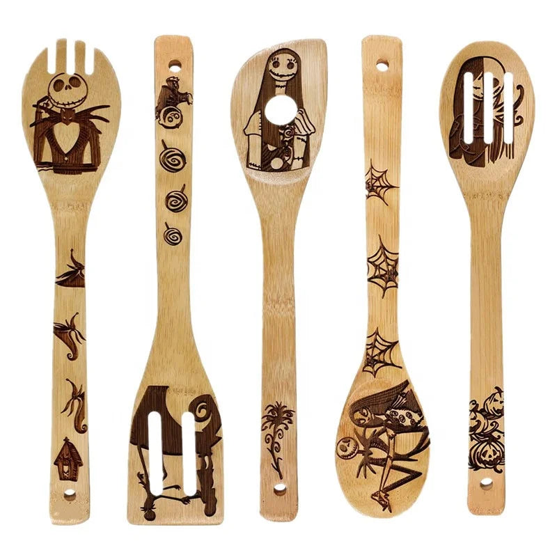 OEM 5pck Bamboo Utensil Set Pattern Burned Spoons Kitchen Slotted Spoon House Warming Presents Holiday Gift