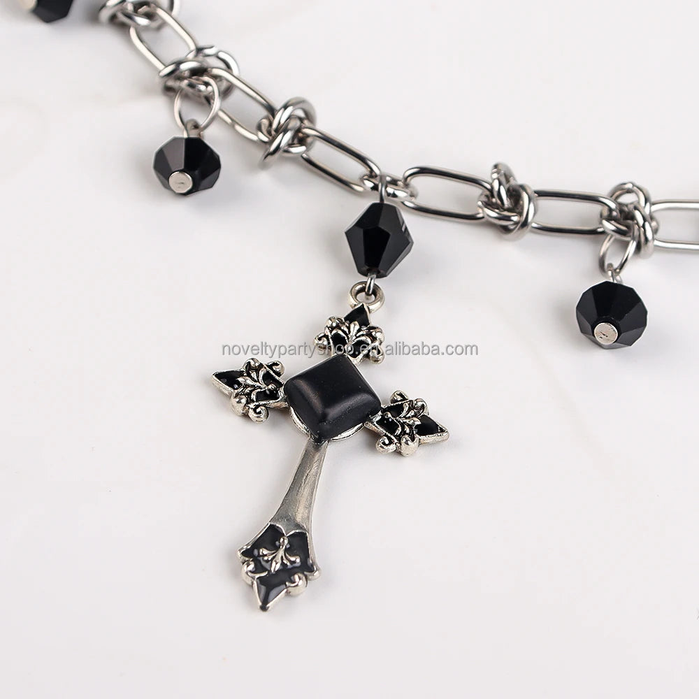 Halloween & Day of the Dead Gothic Cross Necklace Silver Pendant with Black or Red Glass Stone
