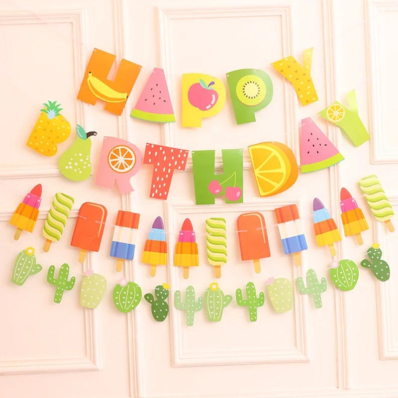 Birthday Party 2 Banner Baby Shower Fruit Flag Arrangement Decorative Paper Party Banner Celebration