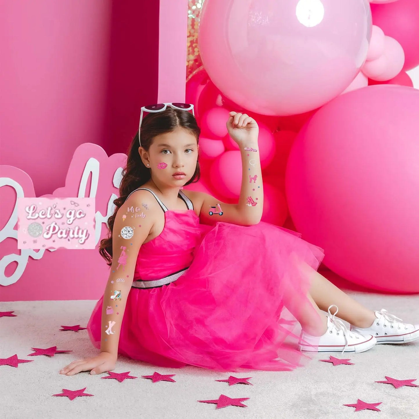 Birthday Party Pink Girl Temporary Tattoo-75, Pink Princess Baby Shower Birthday Party Decorative Paper Sticker Tattoo