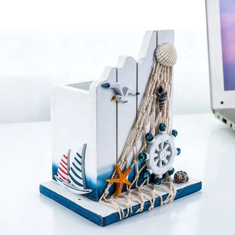 Mediterranean wooden boat sailing pen holder organizer nautical decoration gift