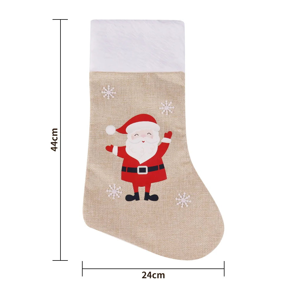BSCI canvas faux burlap keep christmas new year fireplace decoration gifts christmas white plush snowflake santa socks