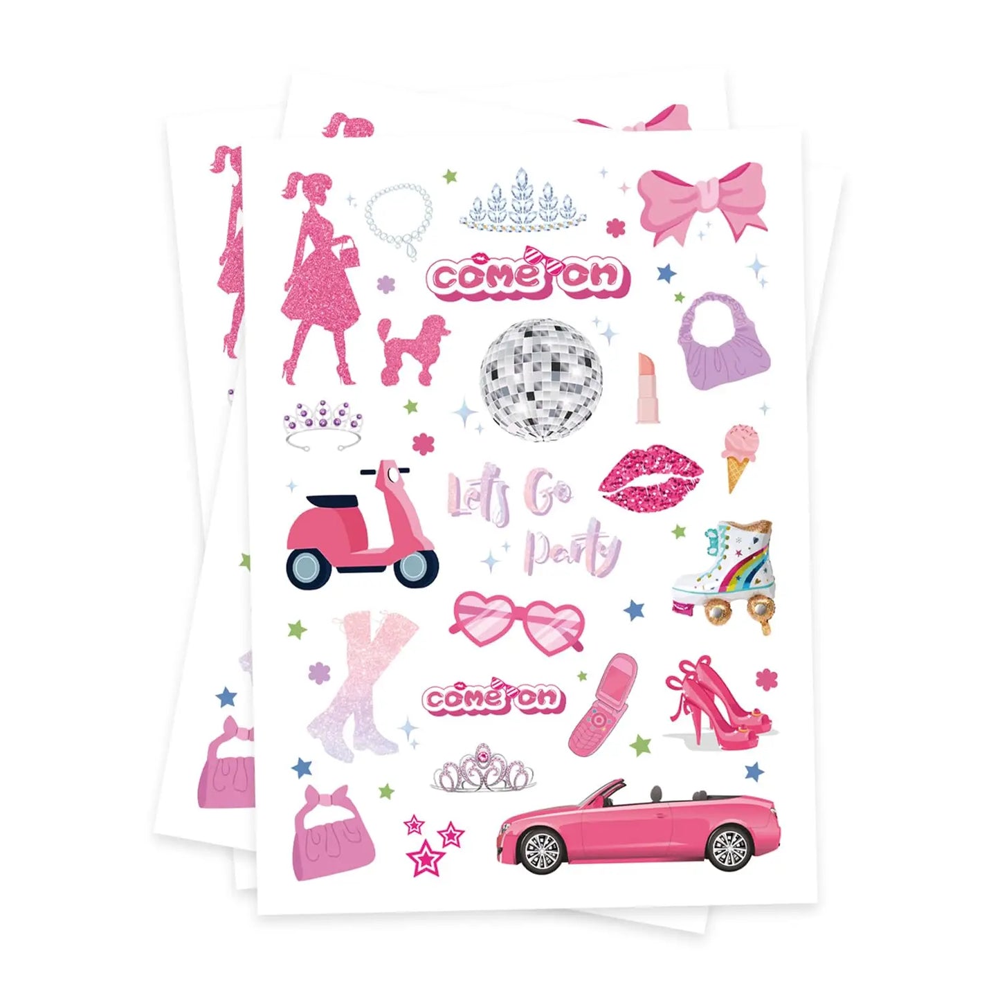 Birthday Party Pink Girl Temporary Tattoo-75, Pink Princess Baby Shower Birthday Party Decorative Paper Sticker Tattoo