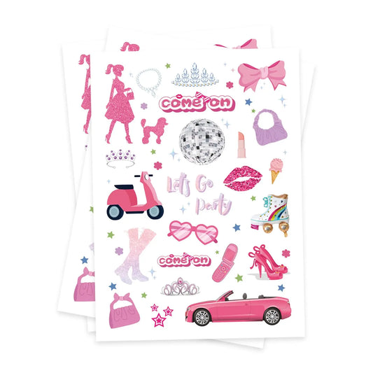 Birthday Party Pink Girl Temporary Tattoo-75, Pink Princess Baby Shower Birthday Party Decorative Paper Sticker Tattoo