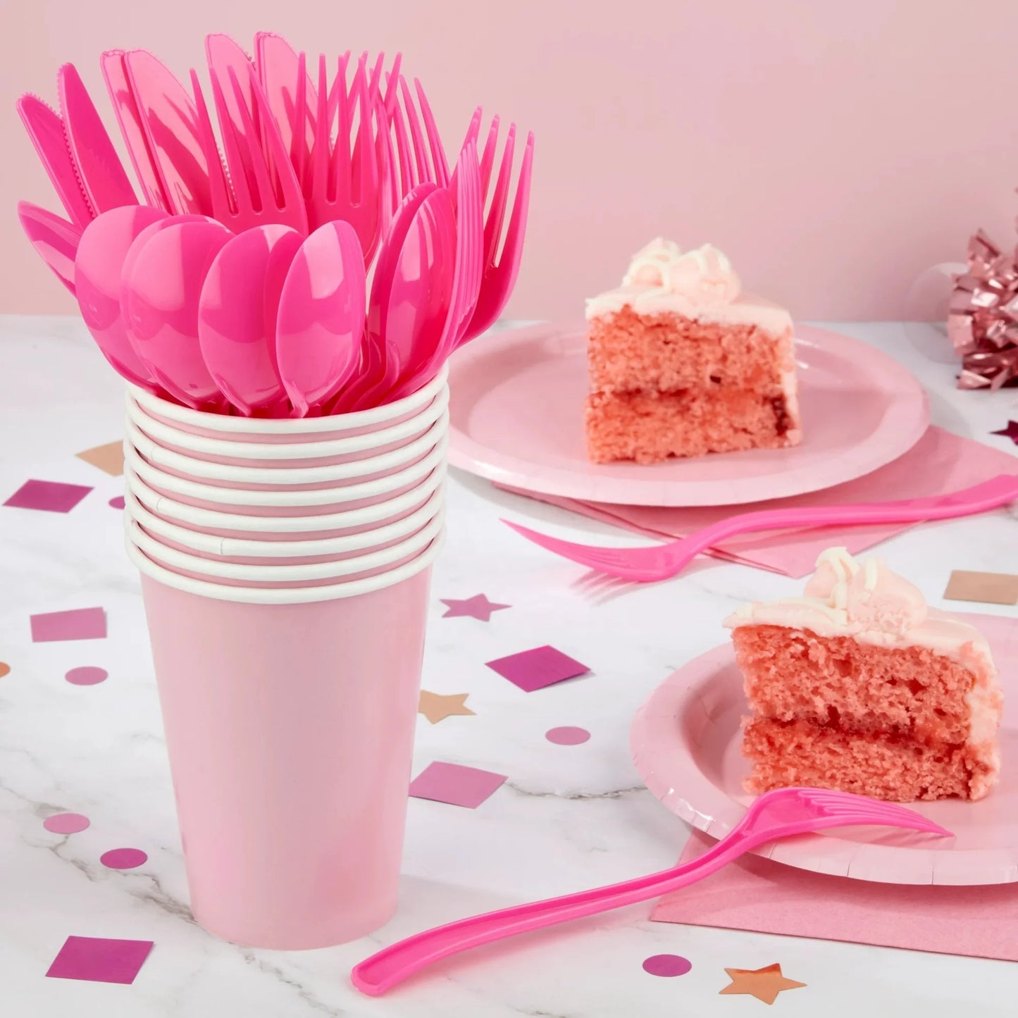Birthday Party 2Hot pink Disposable Party Cutlery 7in Dessert Plate Eco Friendly Paper Dinner Plate 9 oz Cups Napkin pink Party Dinnerware Decor