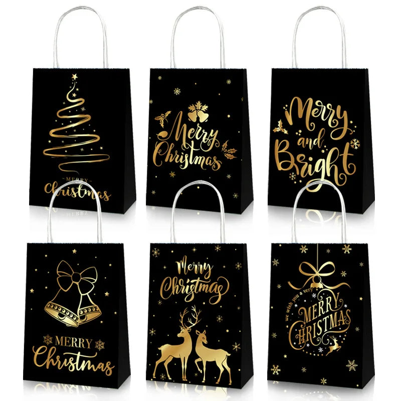 Black bronzing square bottom shopping bag Christmas themed party gift supplies Santa elk kraft paper gift bag