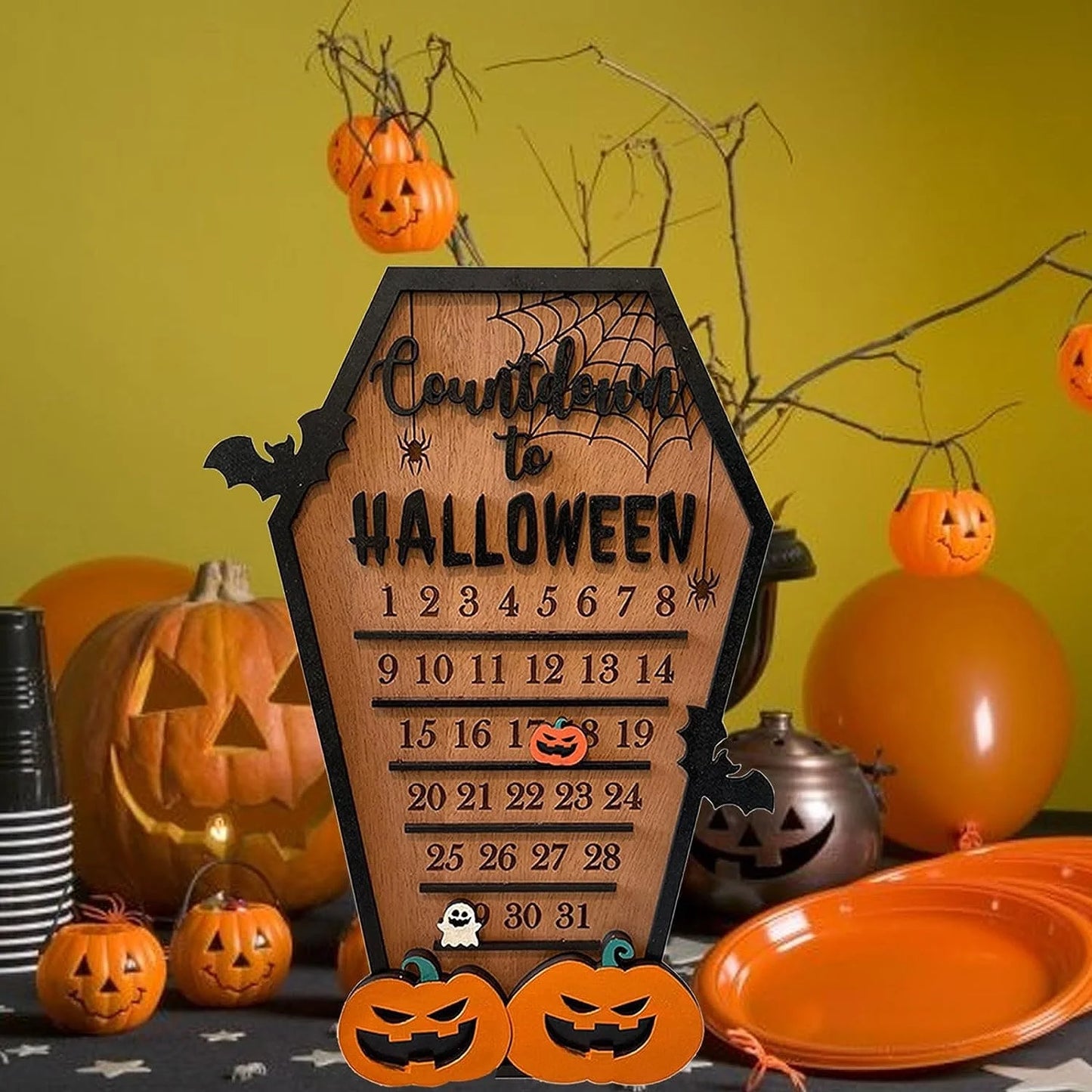 Contagem regressiva para Halloween e Dia dos Mortos, faça você mesmo, celular de madeira, contagem regressiva para Halloween, placas de contagem regressiva para Halloween, morcego, abóbora 