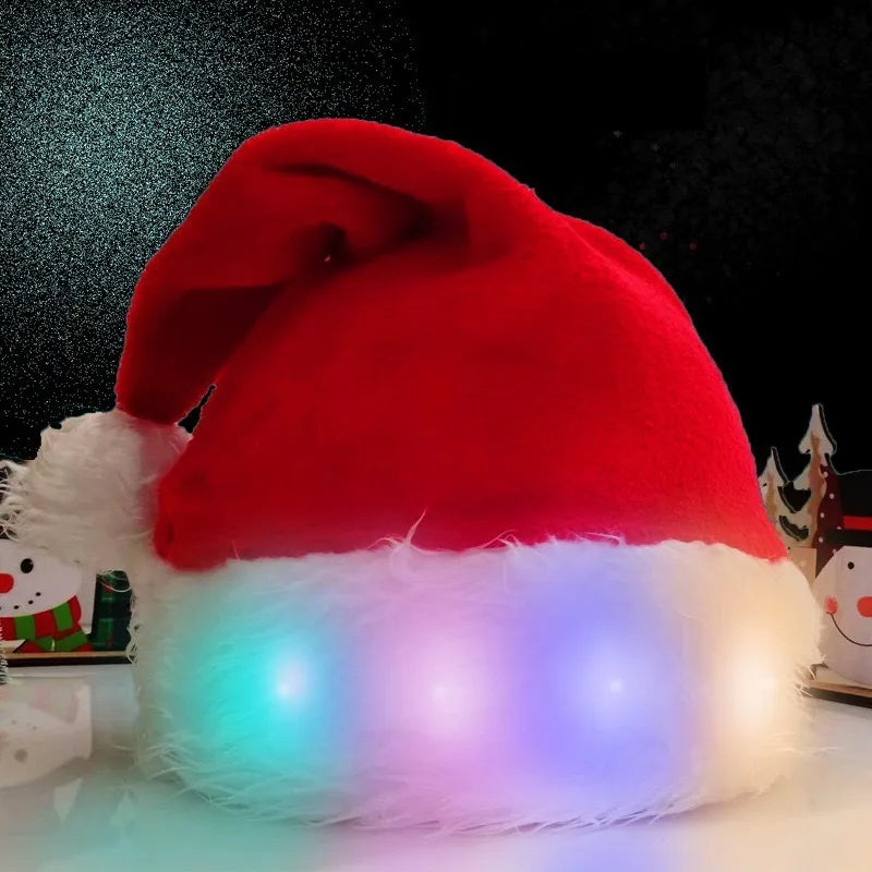 Christmas Hat with Light Emitting Diode Red Christmas Plush Santa Hat Custom Holiday Party Hat
