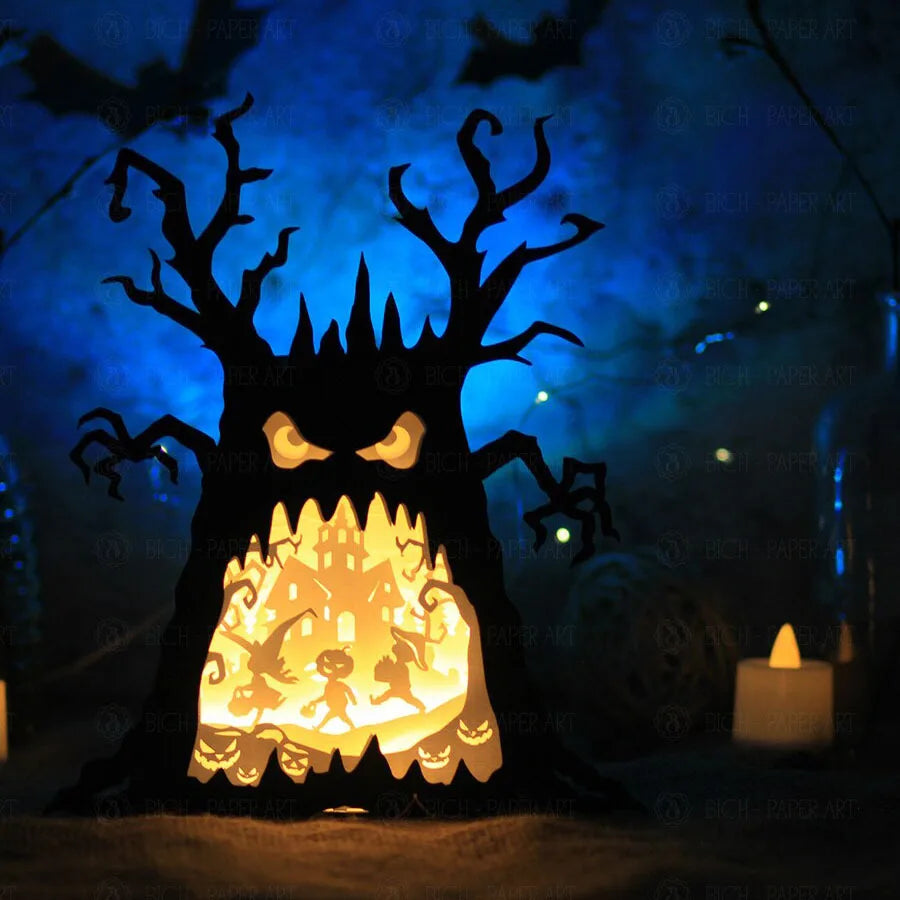 Halloween & Death Day Custom Party Novelty 3D Paper Carving Shadow Light Shaped Ghost Tree Halloween Party Table Decoration