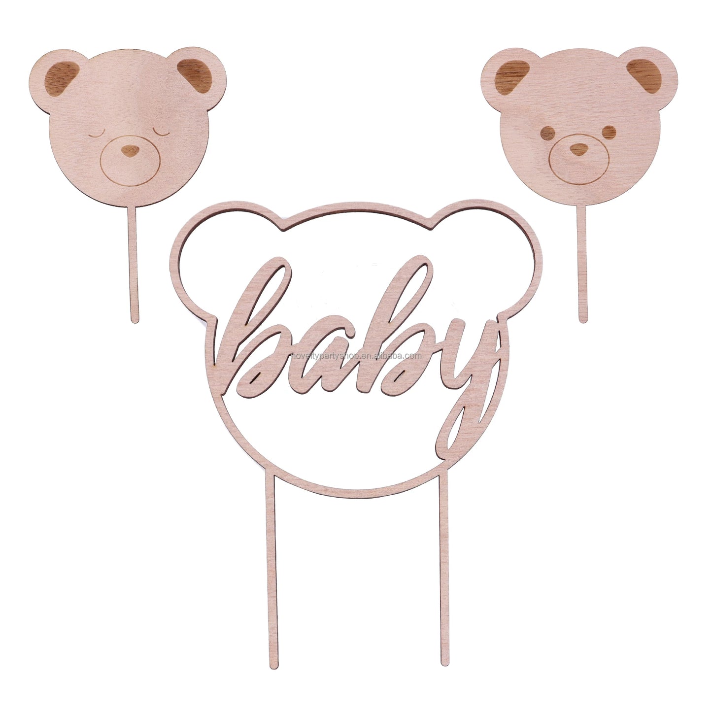 Birthday Party Custom Plywood Cake Decoration Baby Shower 7 Piece Set Bear Theme Party Decoration Natural Materials Inkless Birthday Cupcake Top Hat