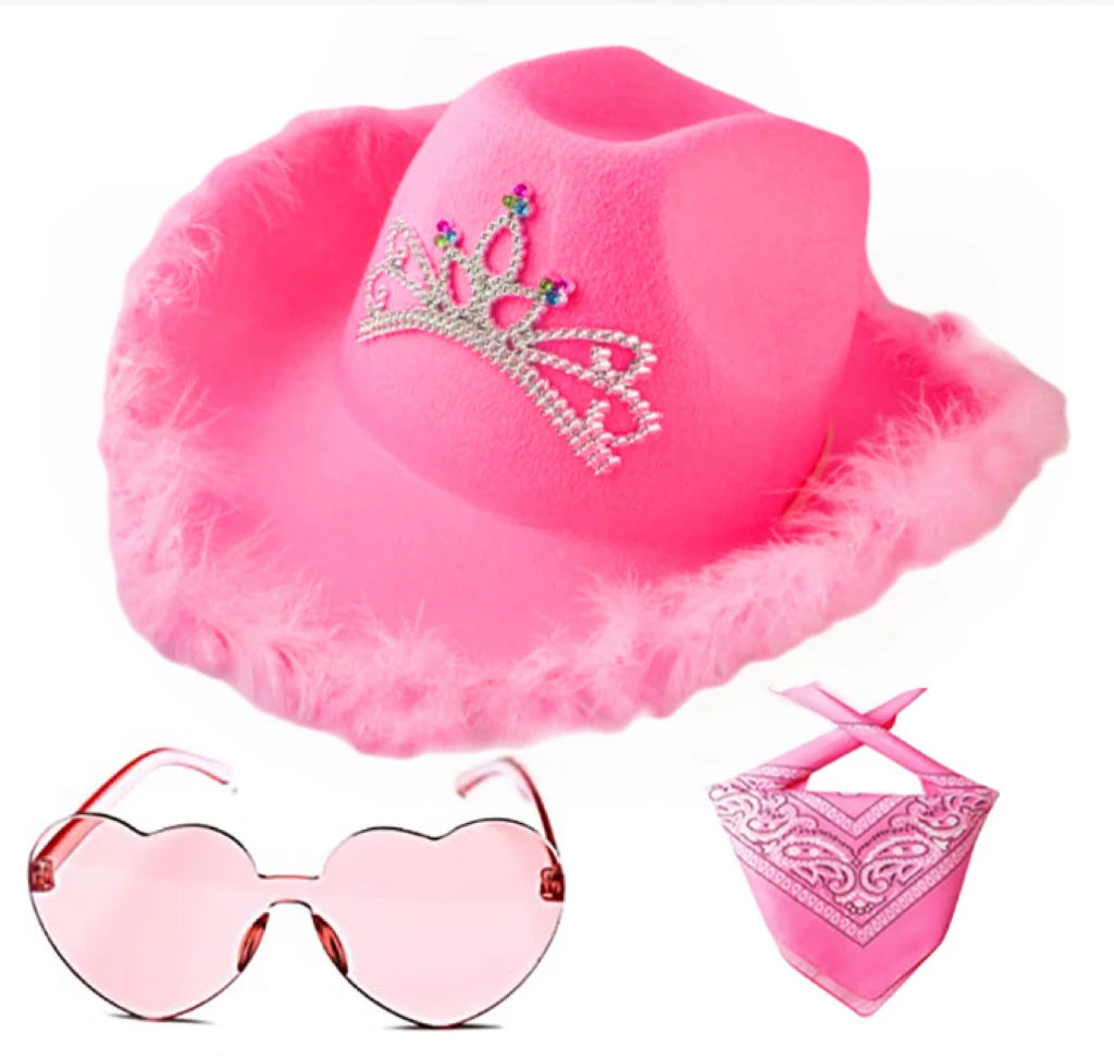 Wholesale 3pcs Hot Pink Halloween Costume Set Pink Felt Cowboy Hat with Headgear and Feather Headscarf Sunglasses