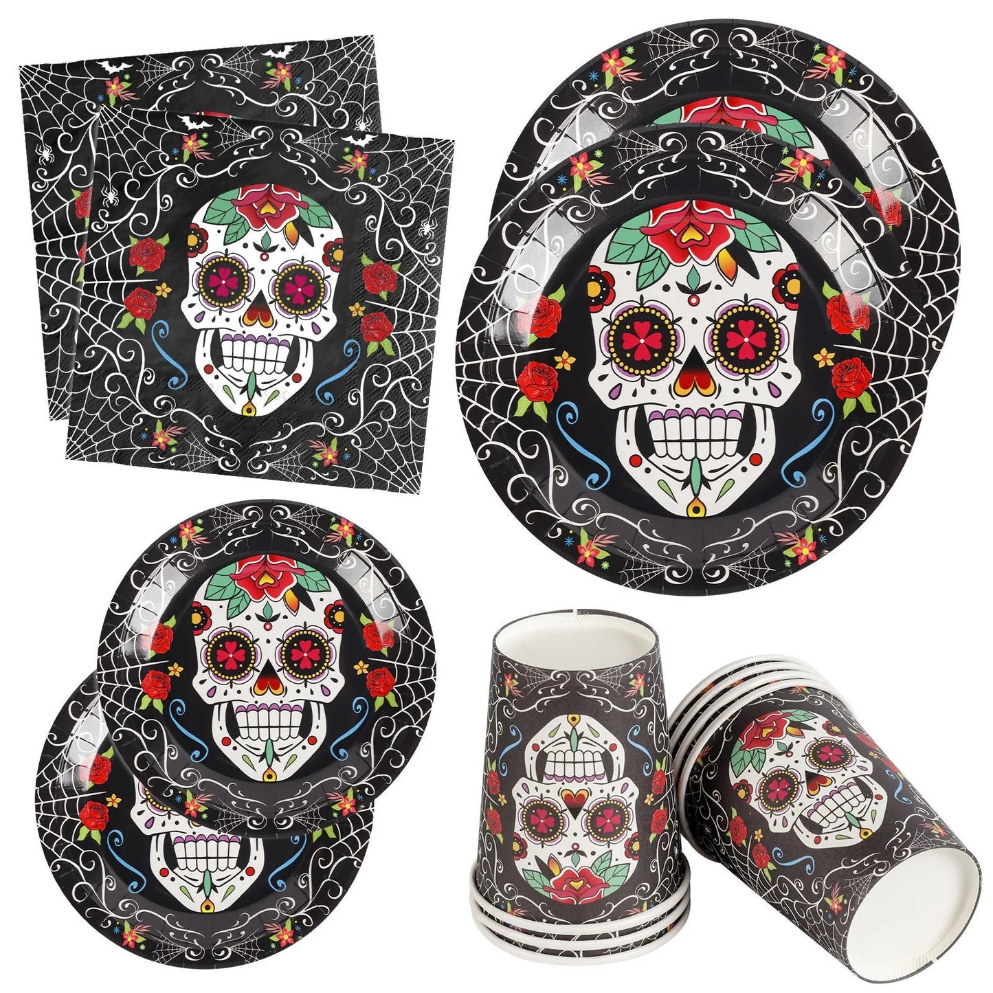 Halloween & Day of the Dead 16 Guests Multicolor Dead Candy Skull Black Charger Set Carnival Party Supplies Halloween Disposable Cutlery Set