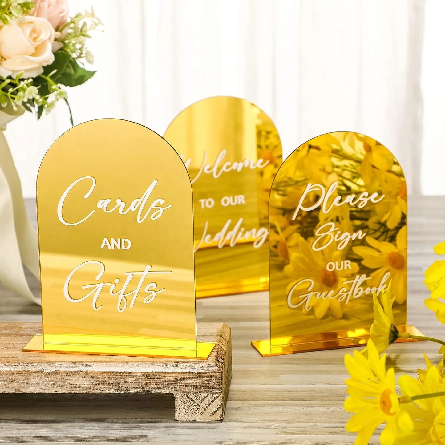 1 wedding party, wedding table 4 pcs arched acrylic wedding reception logo with bracket gold gift and card logo with bracket