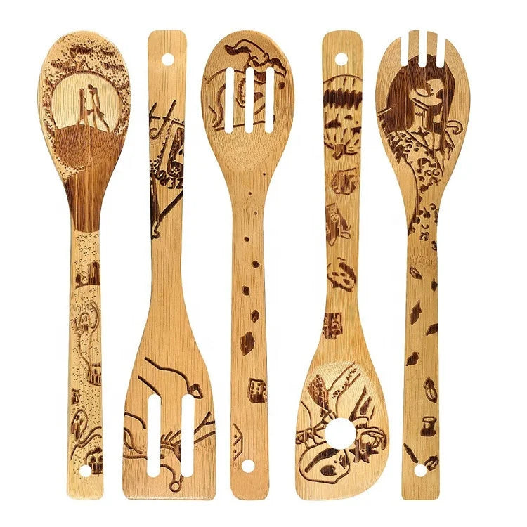 OEM 5pck Bamboo Utensil Set Pattern Burned Spoons Kitchen Slotted Spoon House Warming Presents Holiday Gift