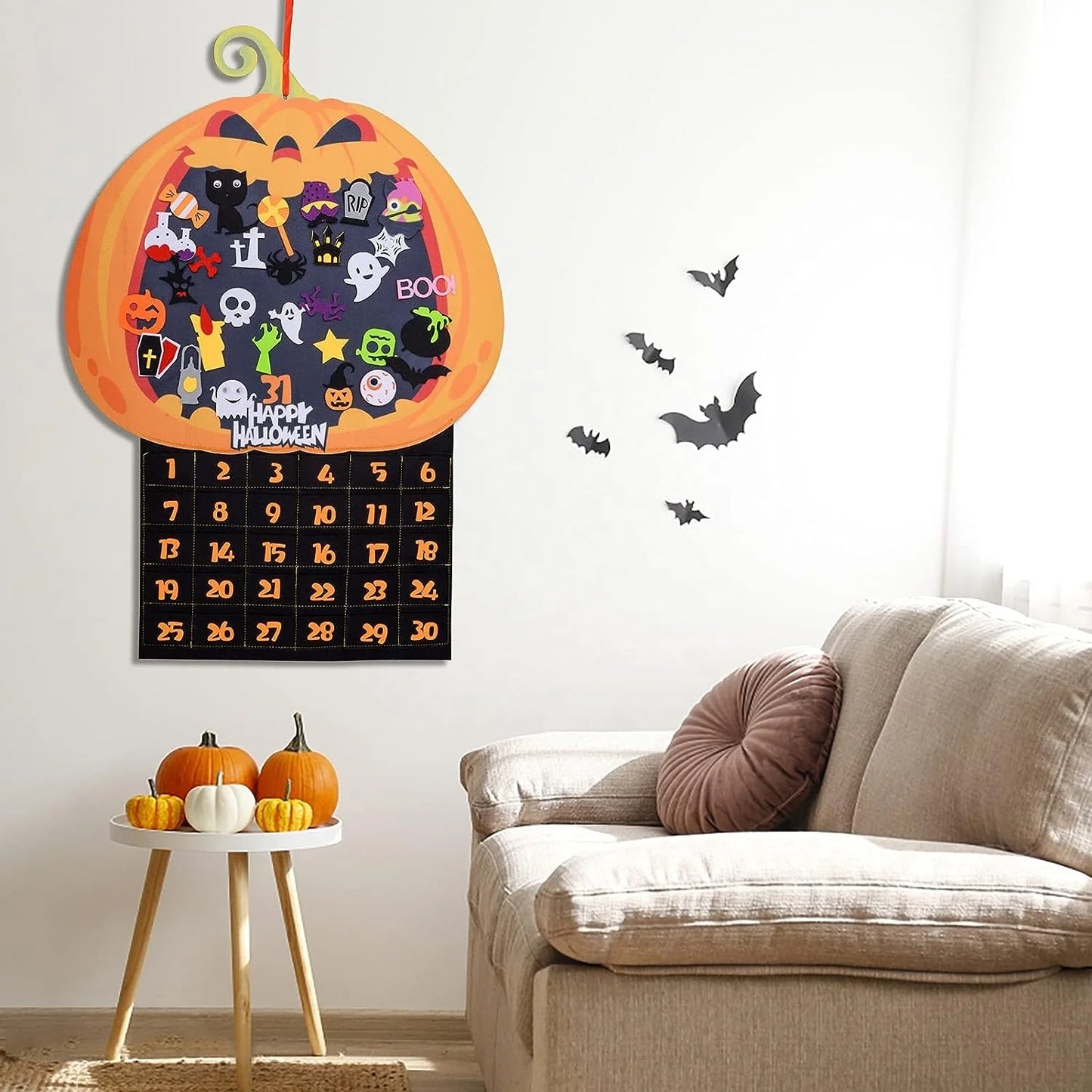 Halloween & Death Day 31 Days Happy Halloween Felt Fabric Pumpkin Countdown Calendar with 30 Removable Decorations Halloween Advent Calendar