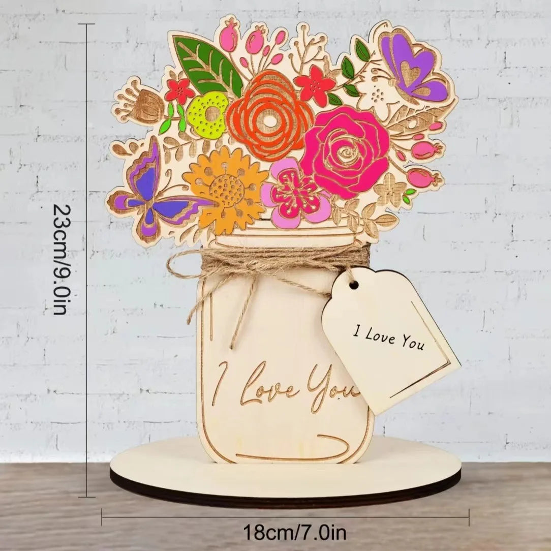 Wooden Crafts, Laser Wood Flower Bouquet Card DIY Flower Blank Children Color Filled Greeting Card Mom Grandma Mother's Day Greeting Card Gifts