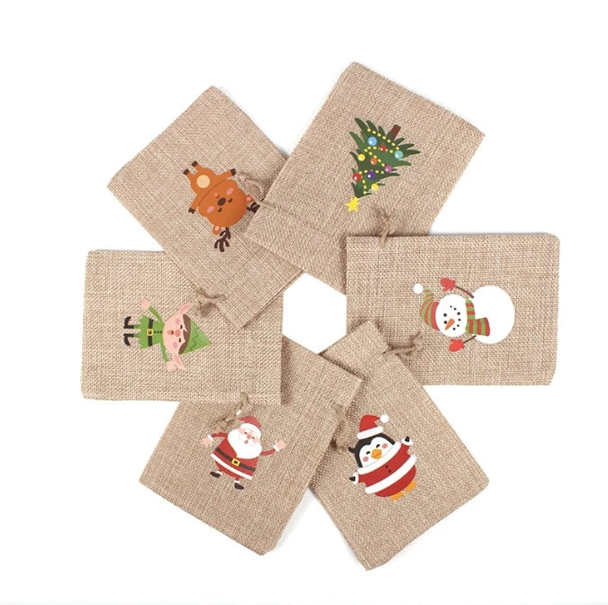 10 * 14Cm 6pcs/set custom Christmas burlap gift bag pull rope candy wrapping paper Christmas party supplies Christmas pull rope gift bag 