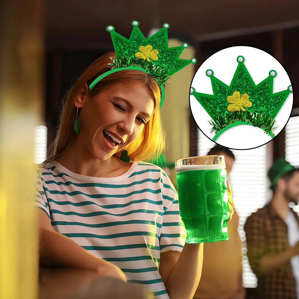 Easter and Thanksgiving 3 Clover Crown Headband Green Sequin Bow with Feather Hair Accessories St. Patrick's Day Rhinestone Clover Glitter Headband