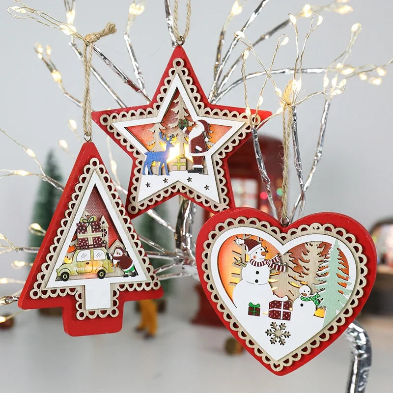 Christmas Tree Light Emitting Diode Light Nutcracker Soldier Hanging Ornament DIY Star/Car Wooden Decoration New Year Christmas Tree Home Decoration