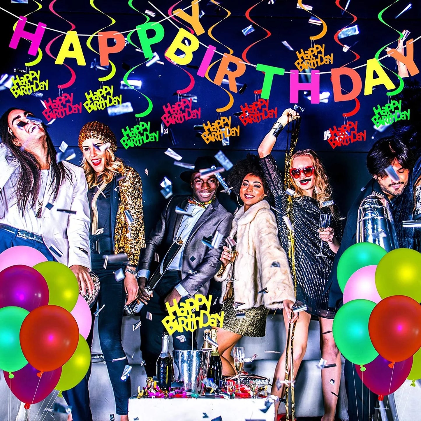 Birthday Party 2 Glow Party Supplies Neon Decoration Happy Birthday Banner Hanging Swirl Fluorescent Balloon Star Cake Top Hat Paper Glow Party